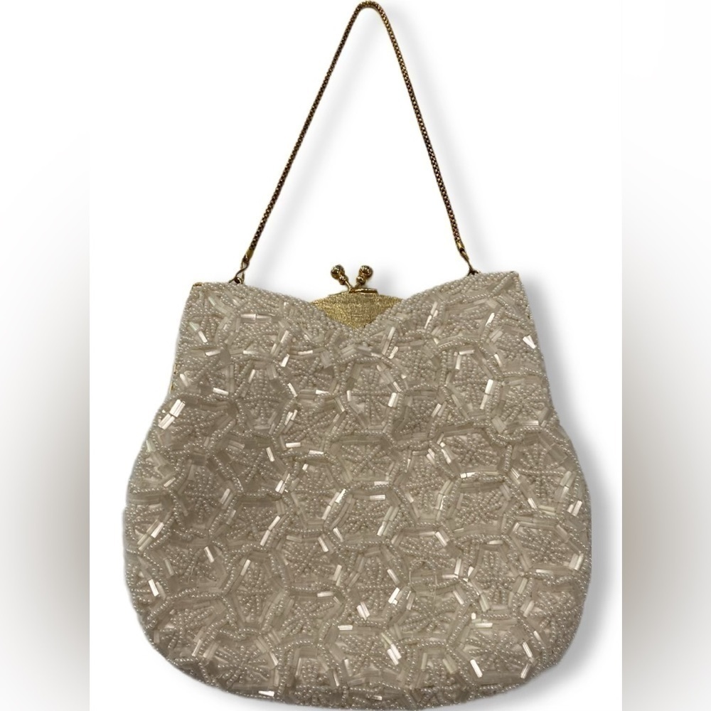 Vtg Mister Ernest beaded wedding bag ivory starburst detail brass tone hardware